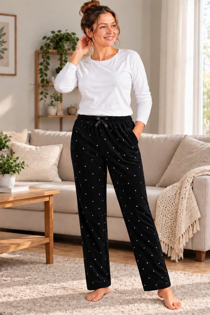 Women's Black Fleece Pocketed Winter Thick Quality Pajama Bottoms