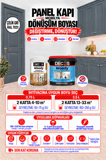 WOODY Çelik Gri Rengi- Renkli Panel Kapı ve Mobilya Boyası | Su Bazlı Kokusuz | Mutfak Dolabı, Ahşap, MDF ve Dönüşüm Boyası