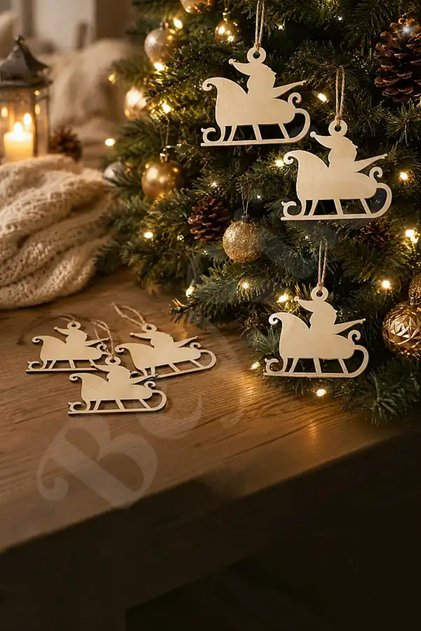 Christmas Tree Ornament Wooden Sleigh Set of 6