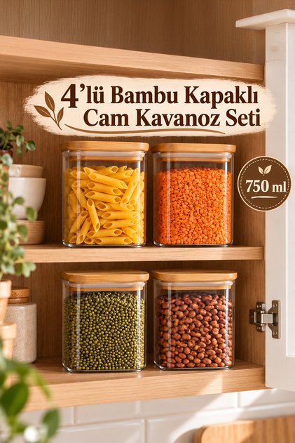 5-4 Bambu Vakumlu Kapaklı Kare Borosilikat Cam 4lü Kavanoz Seti Saklama Kabı 750ml 7,5x15cm