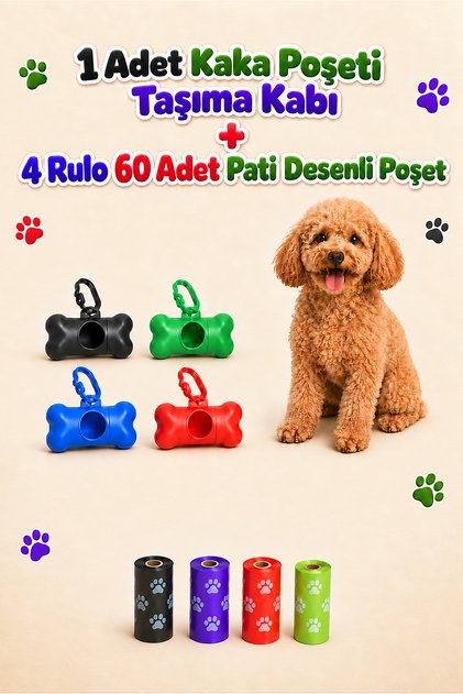 Köpek Kaka Poşeti Taşıma Kabı Kemik Şekilli ve Pati Desenli Kaka Poşeti 4 rulo 60 Poşet