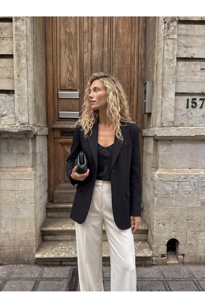 Black Woven Fabric Long Sleeve Oversize Comfortable Fit Classic Blazer Jacket with Two Buttons on the Front