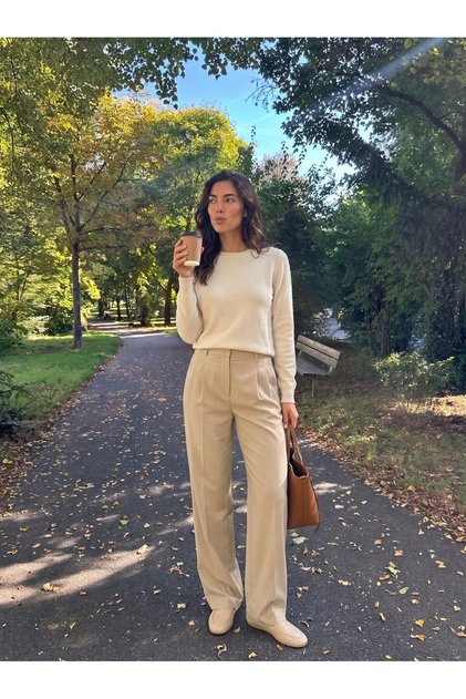Stone Color Woven Fabric High Waist Relaxed Cut Pleated Detailed Trousers Suitable for Daily Use