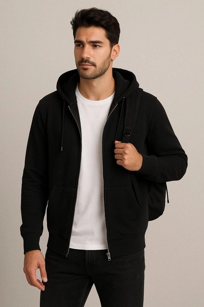Erkek Rahat Kalıp Kapüşonlu Kalın Üç İplik Fermuarlı Ceket Sweatshirt cty-brd-101