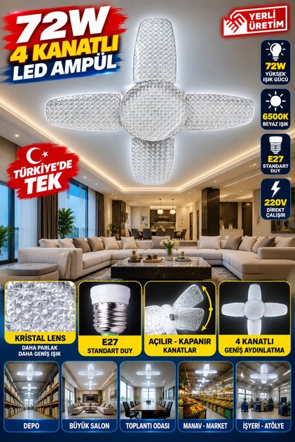 72 W YÜKSEK IŞIKLI 4 ARTI 1 KANATLI LED AMPÜL E27 DUY BEYAZ IŞIK SALON VE BÜYÜK ODALAR İÇİN