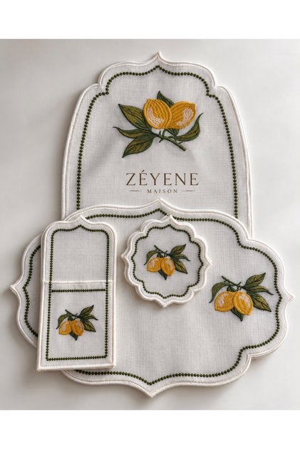 6 Person Linen Lemon Runner and American Service Set 19 Pieces