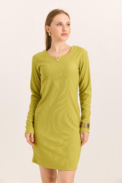Oil Green Ribbed Knitted Knitwear Fabric V-Neck Long Sleeve Mini Dress with Metal Accessory Detail