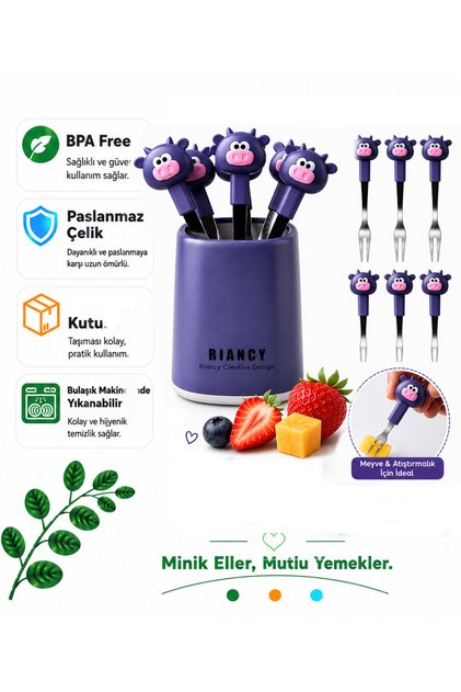 Figured Fruit Fork Set 6-Piece Stainless Steel Children's Mini Dessert Fruit Snack Forks Purple Color