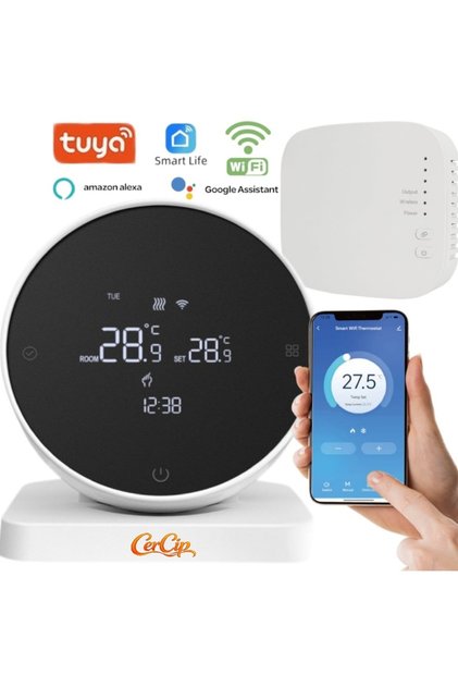 Termostat Wireless pentru Centrala, Wifi, Tuya APP, USB-C sau Baterii, Programabil, Touchscreen