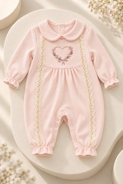 Baby Girl 100% Cotton Baby Collar Lace Detailed Heart Embroidered Jumpsuit