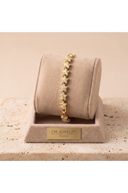 Vıp Seri 316L Çelik Gold Renk Dokulu Yıldız Figürlü Taşsız Gösterişli Bileklik 20 cm