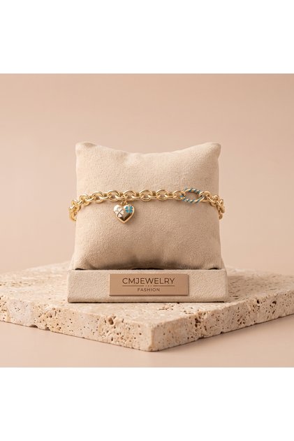 Vıp Seri 316L Çelik Gold Renk Mavi Mineli Yonca Desenli Kalp Charm Bileklik 17 cm Ayarlamalı