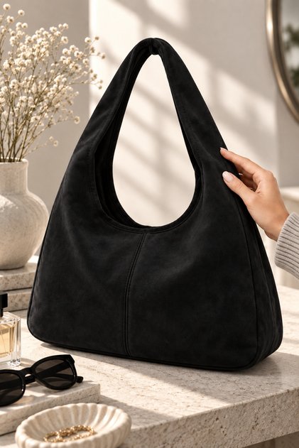 Orijinal Kadın Süet Lüks Yumuşak Deri Vintage Model Fermuarlı Geniş Hacimli Ana Bölmeli İç Cepli Tote Bag Shopper Modern Şehir Stili Konforlu Kalın Askılı Günlük Şık El ve Omuz Çantası - Siyah