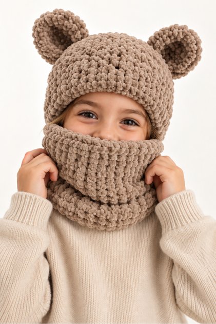 Children's Unisex Puffy Balaklava with Ears Knitted Hood Neck Collar Beige Cream Winter Beanie