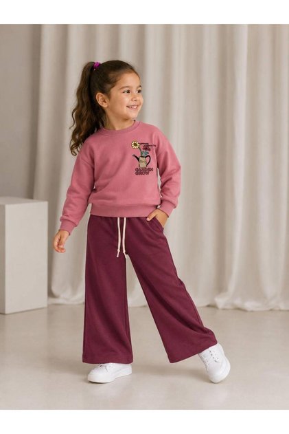 Pink Floral Printed 2 Threaded Girls' Tracksuit Set 3 Years-10 Years