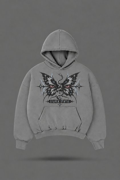 Oversize Y2K Silver Static Printed Hooded Smoke Gray Sweatshirt