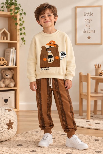 Front and Back Teddy Bear Printed Boys' Tracksuit Set, Ages 3-10