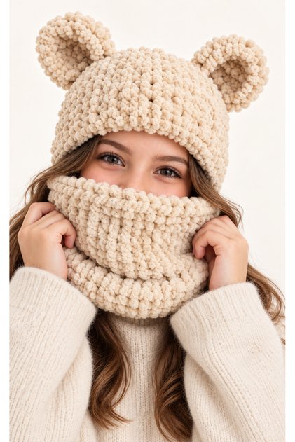 Women's Young Girls Puffy Balaklava with Ears Knitted Hooded Neck Collar Light Cream Winter Beanie