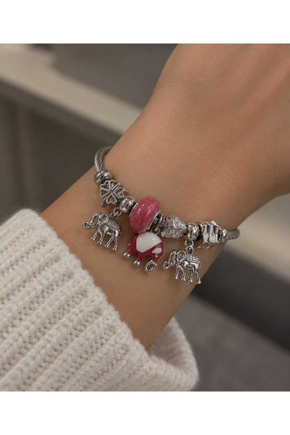 Colorful Charm Detailed Women's Bracelet with Elephant Figure