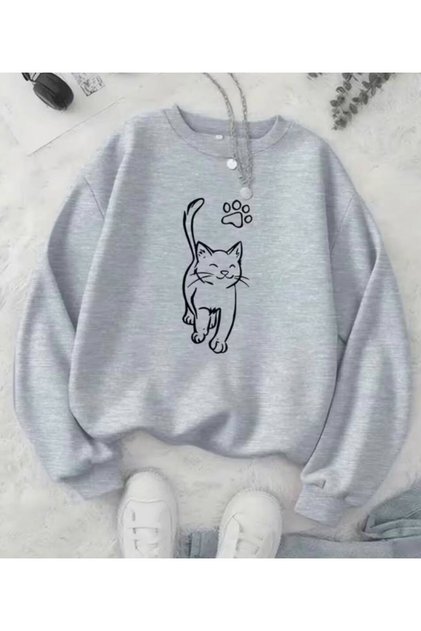 Enjoyable Cat's Paw Printed 100% Cotton 3 Yarn Thread Oversized Sweatshirt for Girls
