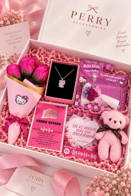 kararmaz çelik hello kitty kolye ,ayıcık,üçlü gül buketi ,doğal taş ve mni aynalı buket set hediye set sevgiliye