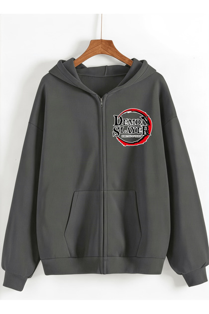 Demon Slayer Printed 3 Thread Combed Cotton Hooded Oversize Cardigan