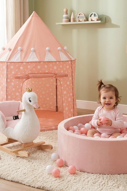 Pembe Masal Dünyası 3'lü Oyun Seti - Şato Çadır, Sallanan Ahşap Kuğu ve Sünger Top Havuzu