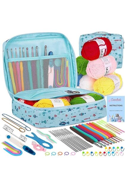 68-piece crochet set for beginners with 6 colors of crochet yarn and crochet accessories.C