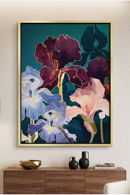 Teal and Burgundy Floral Nature Wall Art | Portrait Framed Canvas Print with Gold Foil Embossed | Luxury Modern Botanical Decor for Living Room