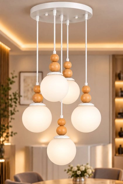 Vi̇ona 5-Piece Round Set | | White Body | | White Glop Glass | | Natural Wood Detail Chandelier | | Modern Chandelier with E-27 Lampholder ✨ Ceiling Mounted Chandelier ✨ Living Room Chandelier Decorative Lighting Chandelier Models Ceiling Lamp