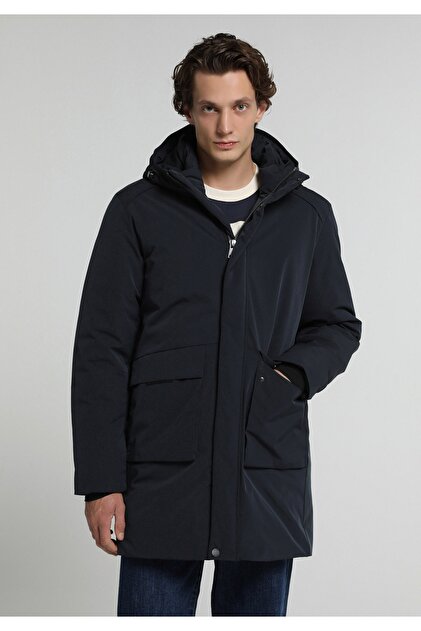 Regular Fit Stand Collar Zippered Lined Men's Navy Blue Coat