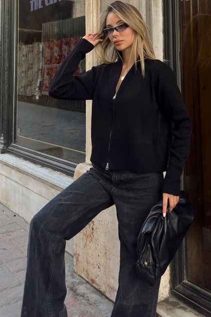 Black Stand Collar Two-Way Zipper Women's Knitwear Short Cardigan