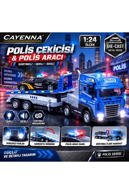 Polis Çekicisi ve Polis Aracı – 1:24 Die-Cast Sürtmeli Işıklı Sesli Metal Gövdeli Tır