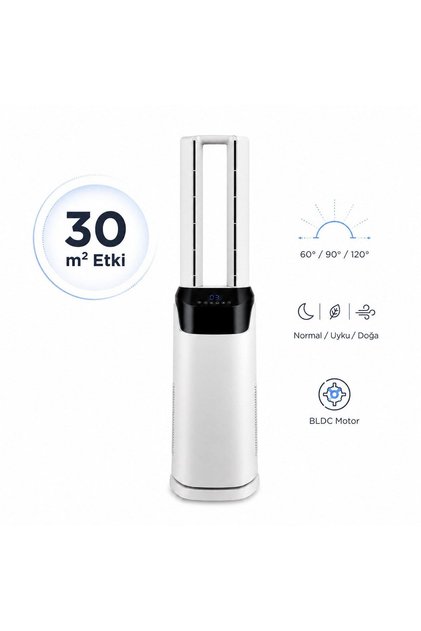 Kule Tipi Kanatsız Vantilatör Beyaz 70 W BLDC Motor 12 Hız Kademeli 120 Derece Salınımlı 12 Saat