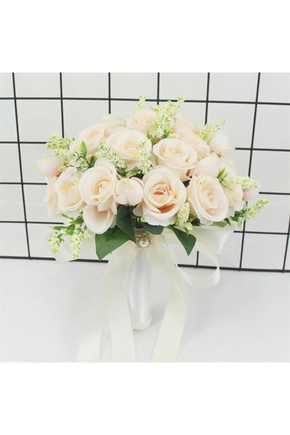 Champagne Bridal Bridesmaid Wedding Bouquet White Silk Flowers Roses Handmade Artificial Bride Mari