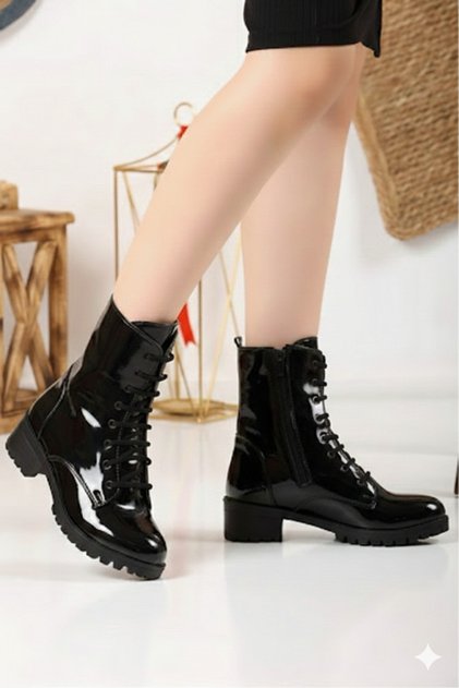 Non-Slip, Zippered, Detailed, Winter, Black, Shiny Patent Leather Women's Long Boots