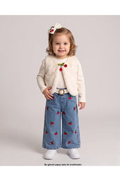 Girl's Cherry Embroidered Denim Set - with Plush Vest and Ribbed Pants, Stylish 3-Piece Set for Ages 2-3-4-5-6
