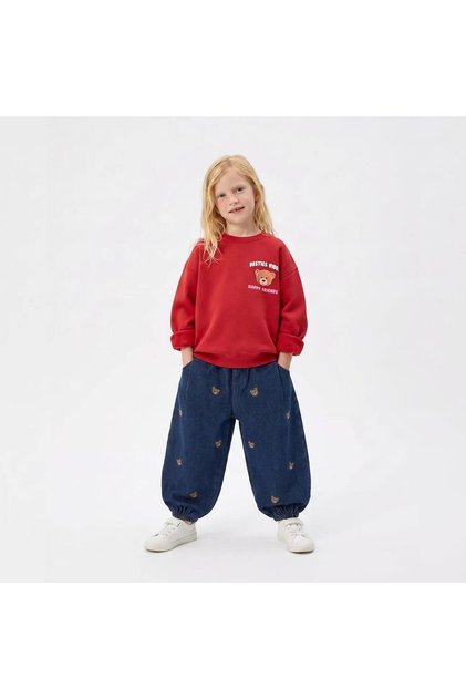Ayıcık Baskılı Kırmızı Unisex Çocuk Oversize Sweatshirt Besties Vibes