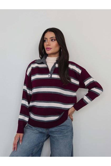 Striped Polo Collar Knit Sweater