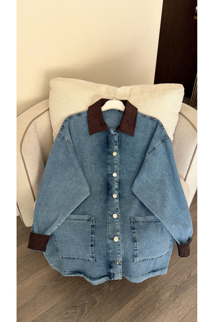 Yaka ve Kolları Süet Detaylı Denim Ceket