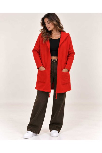 New Season Premium Quality Hooded Long Women's Cardigan with Pockets – Ribbed Sleeve Detail