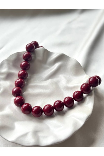 Bordo İri Yuvarlak Boncuk Kolye