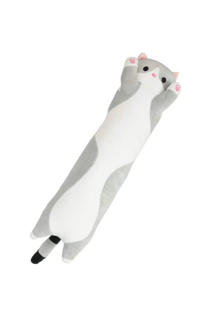 Jucarie catifelata de plus tip perna in forma de pisica, lungime 50 cm, culoare gri