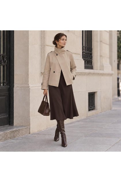 Women's Buttoned Stand Collar Lined Trench Coat with Back Windbreaker Detail Mta26K1139