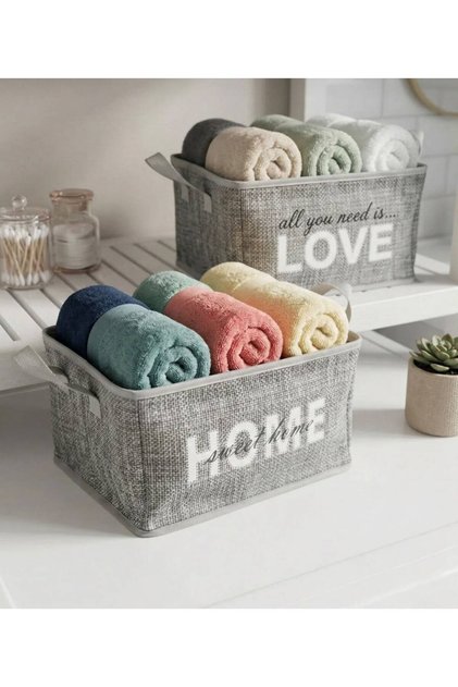 2-Piece Bathroom Towel Organizer Home & Love Printed Patterned Fabric Organizer with Steel Support 30×24×18 cm