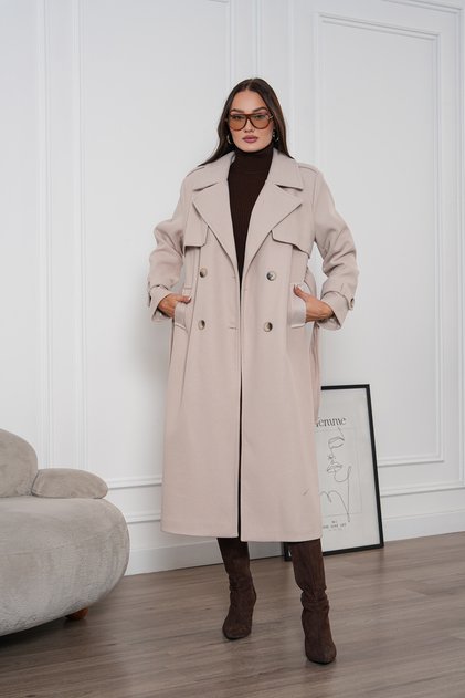 Women's Windbreaker Detailed Belted Double-Breasted Buttoned Lined Long Cashmere Coat
