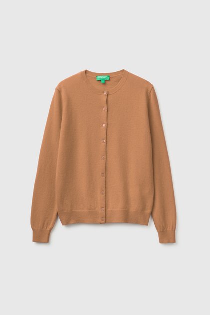 Women's Tan 100% Merino Crew Neck Cardigan