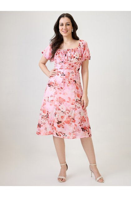 Pink Floral A-Line Midi Dress with Short Sleeves