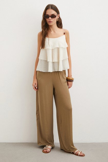 Elastic Waist Draped Wide Leg Trousers Dark Stone