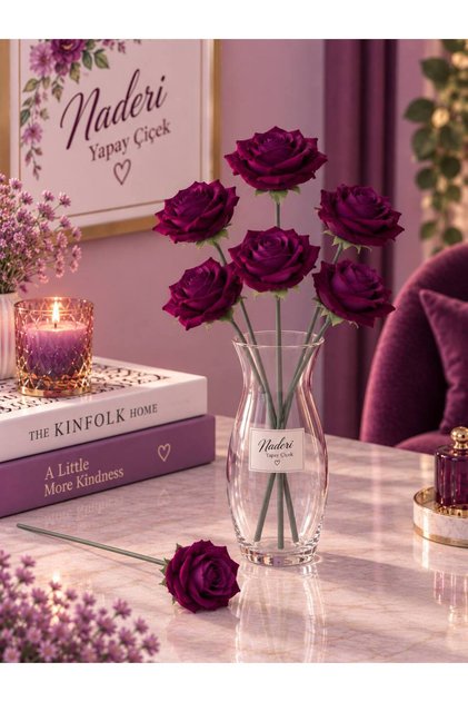 1 Paket (6 Adet) Tek Dal Yapay Gül 25 cm Mürdüm Saksısız Dekoratif Çiçek